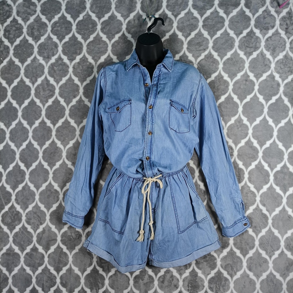 Judy Blue Light Blue Chambray Romper with Drawstring Waist